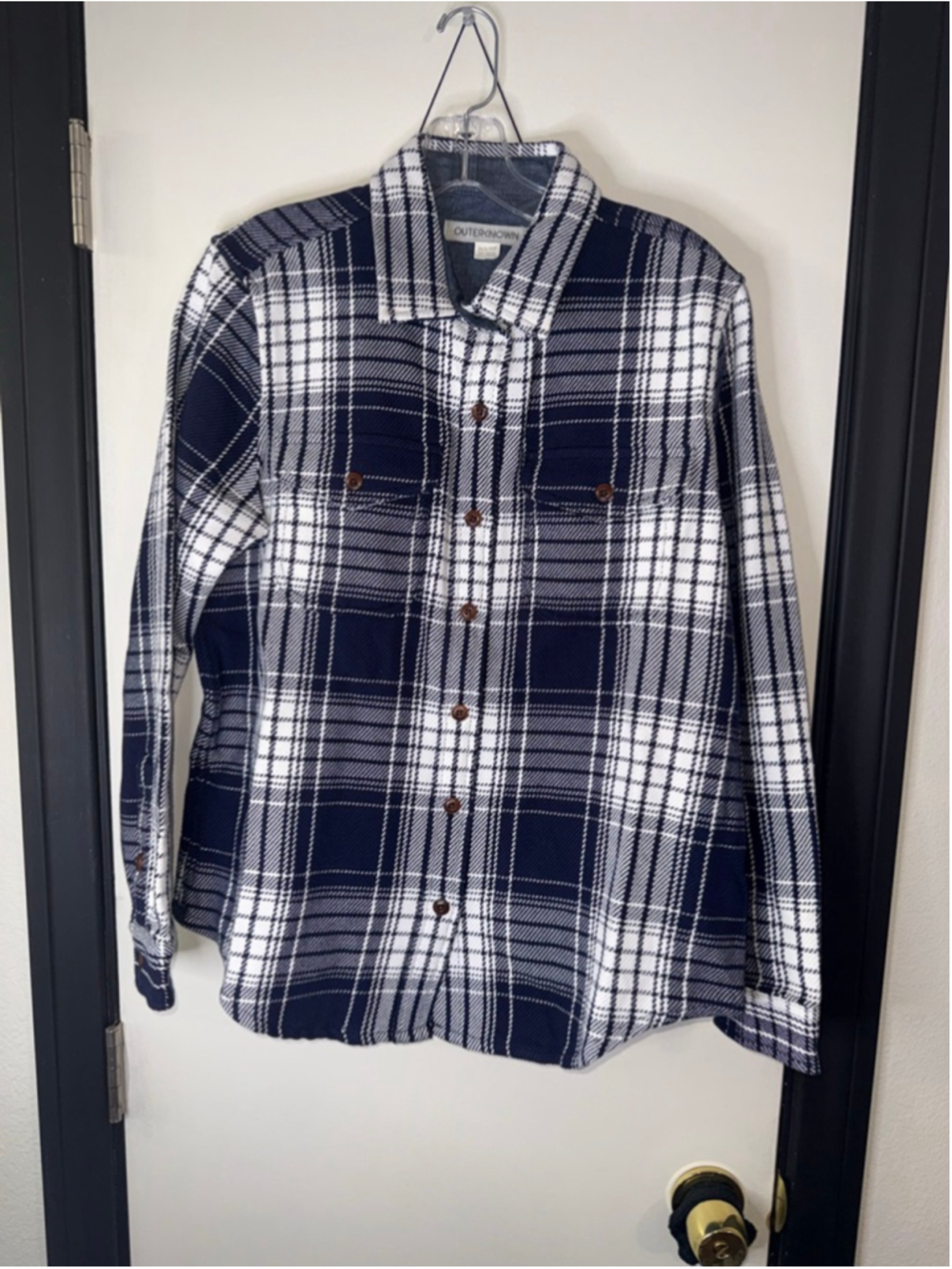 Women’s OUTERKNOWN Navy White Plaid Casual Button‎ Down Shirt XS